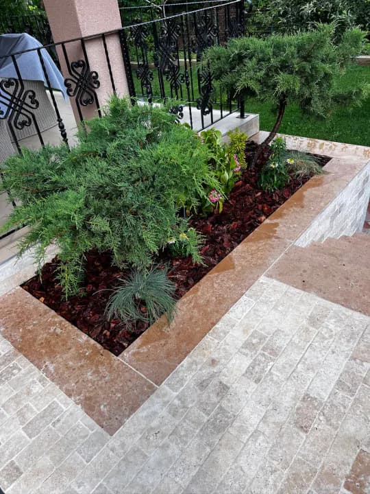 Straturi decorative cu conifere și piatră naturală pe terasă — Iași