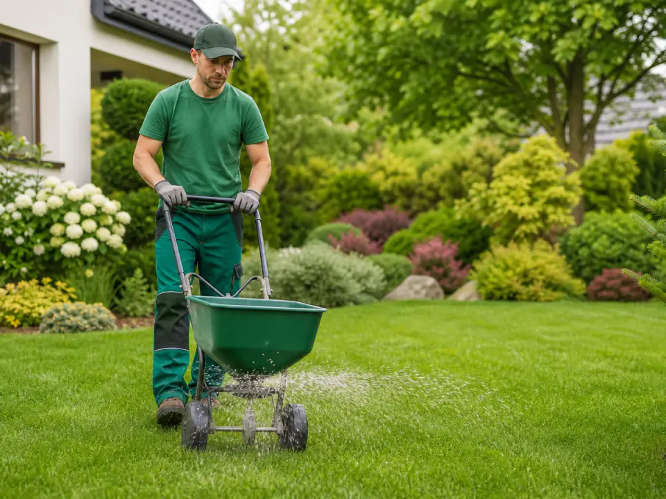 Fertilizare gazon profesională vara cu spreader