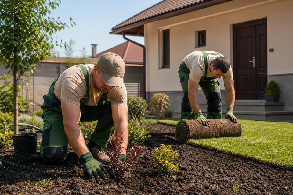 Echipă de peisagistică plantează gazon rulou și arbuști într-o curte din Iași