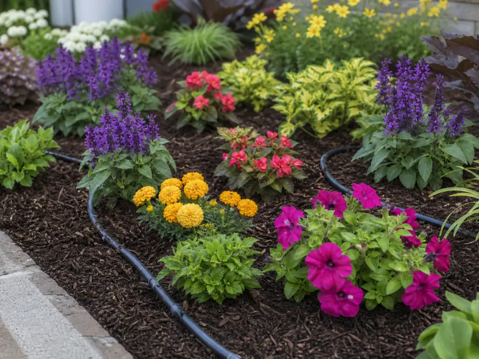 Flori decorative proaspăt plantate cu mulci și irigație la rădăcină, pat floral amenajat